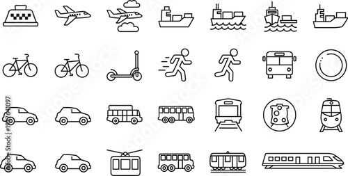 Black and white transportation icons, taxi, airplane, cargo ship, bicycle, scooter, bus, car, train, subway, cable car, vector illustration