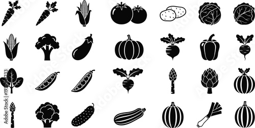 Black and white vegetable icons, carrot, corn, tomato, potato, cabbage, broccoli, eggplant, pumpkin, radish, bell pepper, spinach, peas, vector illustration