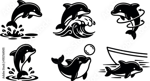 Minimalist vector dolphin icon set six black and white marine silhouettes jumping playing with splash waves bubble and motion lines