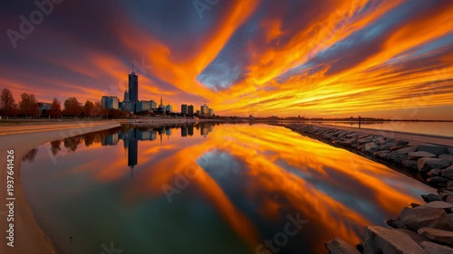 Wallpaper Mural Scenic city skyline reflects in calm water at sunset, under a dynamic, fiery sky Torontodigital.ca