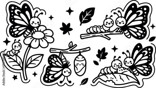 Line art sticker set showing caterpillar chrysalis and butterfly on leaf and flower close up smiling characters black white outline