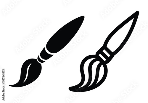 Paintbrush Vector Icon Set Solid Glyph and Outline Style, Black Paint Brush Symbol, Paintbrush Solid Glyph Outline Vector Icon Pair, Artist Tool Symbol