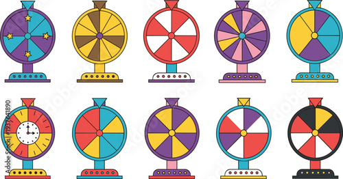 Lucky Spin Prize Wheel Icon Collection for Carnival Game Show Raffle Draw Casino Promotion and Random Selection Vector Illustration.