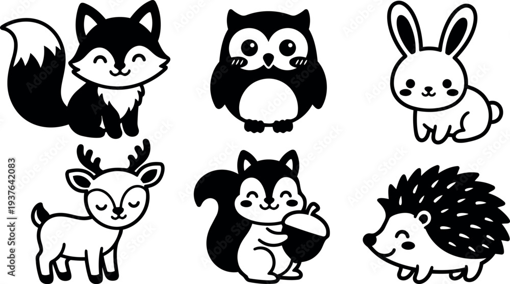 Fototapeta premium Flat design cute forest animal icon set fox owl rabbit deer squirrel hedgehog smiling sitting holding acorn black and white