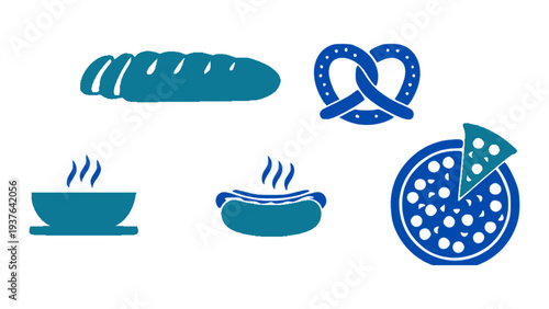 Flat food icon set including bread loaf, pretzel, soup bowl, noodles, and pizza slice.