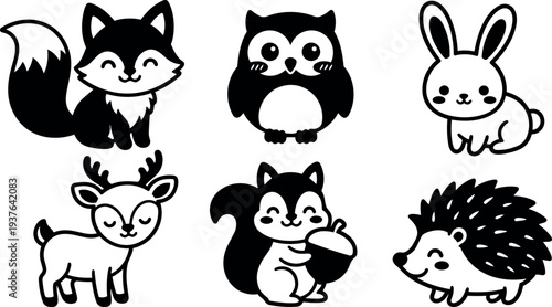 Flat design cute forest animal icon set fox owl rabbit deer squirrel hedgehog smiling sitting holding acorn black and white