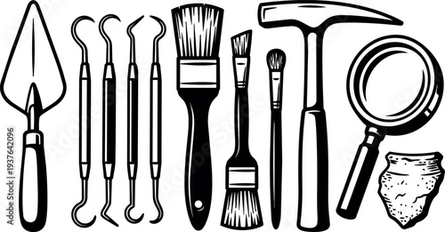Line art overhead arrangement of archaeological excavation tools trowel brushes magnifier hammer pottery shard close up black ink vector illustration