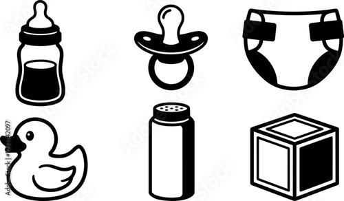 Line art baby care icons set bottle pacifier diaper rubber duck shaker toy block arranged in tidy grid simple black