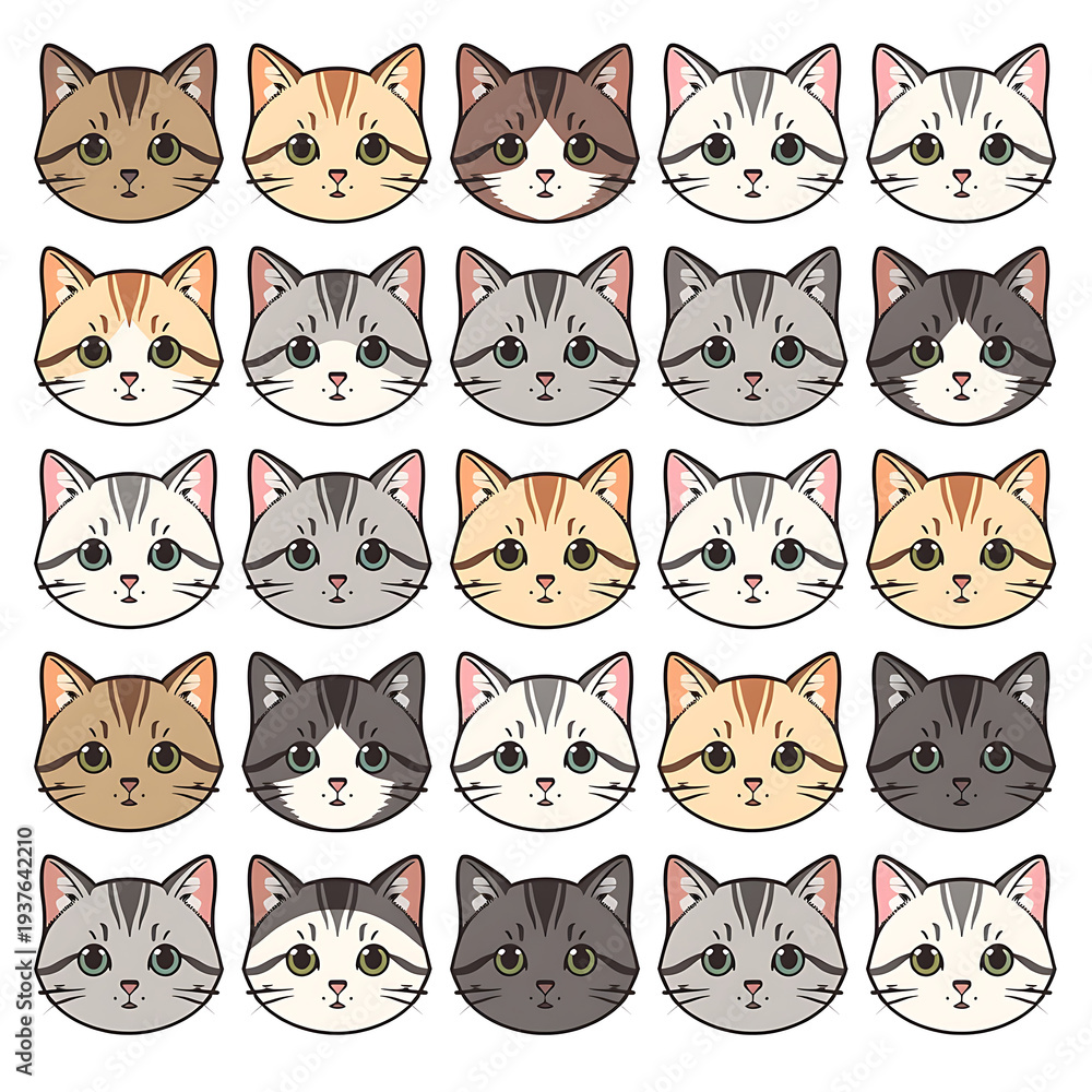 Fototapeta premium A collection of cartoon cat faces in various colors and patterns on a white background