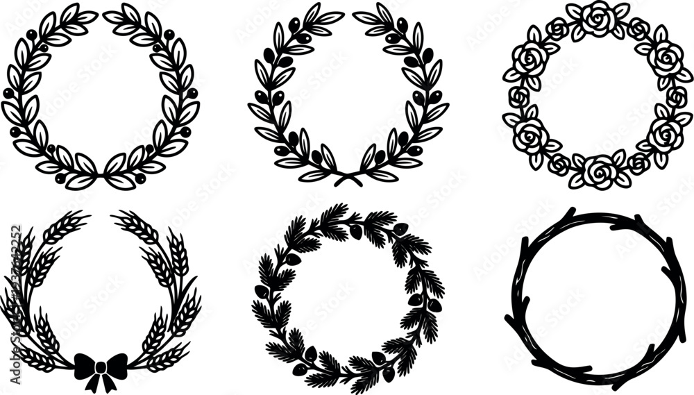 Fototapeta premium Line art six round laurel and floral wreaths vector set with bow rose olive branch pine twig close up silhouettes