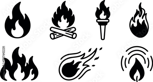 Flat design set of eight black fire icons including campfire torch blaze flame burst meteor streak simple vector symbols silhouettes