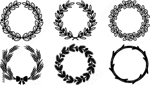Line art six round laurel and floral wreaths vector set with bow rose olive branch pine twig close up silhouettes
