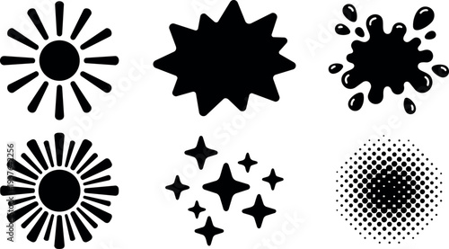 Minimalist icon set featuring sunburst halftone splash splatter badges and star rays in two row black vector layout flat icons
