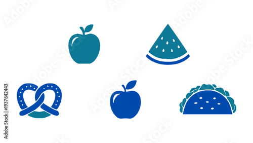 Flat food icons featuring apple, watermelon slice, pretzel, taco, and other snacks.