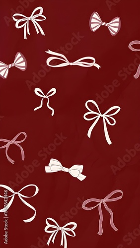 A variety of hand-drawn white and pink bows in different styles are scattered across a deep burgundy backdrop, creating a playful and charming decorative design.