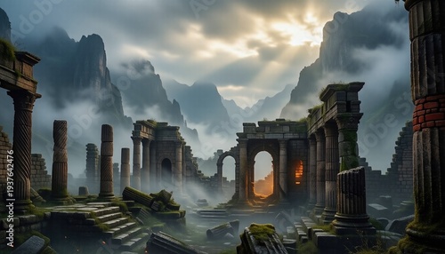 Ancient ruins stand among mountains with mist and sun rays shining down during early morning hours