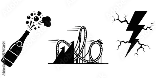High Energy and Celebration Vector Pack - Popping Champagne Bottle, Roller Coaster Loop, and Lightning Bolt Icons