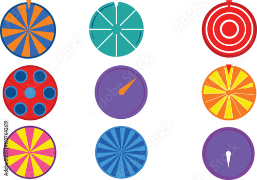 Colorful Fortune Spin Wheel Icon Set for Carnival Game Show Lucky Draw Contest Casino Promotion and Random Selection Vector Illustration.
