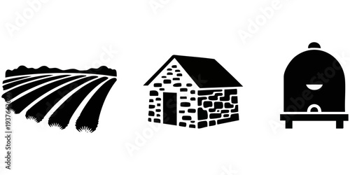 Farmstead and Beekeeping Vector Pack - Tilled Field Rows, Stone Cottage House, and Beehive Skep Silhouette