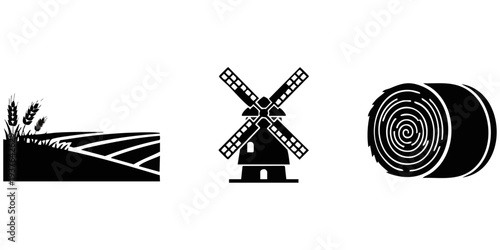 Rural Agriculture and Farming Vector Set - Wheat Field Landscape, Traditional Windmill, and Hay Bale Silhouettes