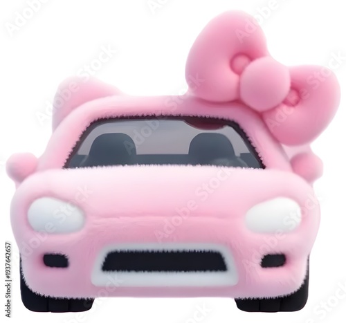 A playful plush toy car is covered in soft pink fur, featuring white headlights, black accents, and a big pink bow on the roof, set against a plain white background.