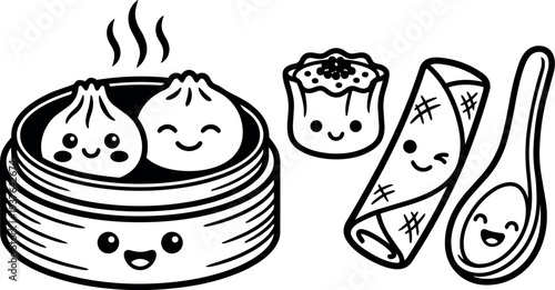 Line art kawaii dim sum close up smiling dumplings in bamboo steamer with siu mai roll and spoon flat vector