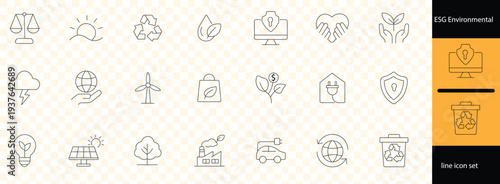 ESG icon set illustrating sustainability, environmental responsibility, social impact, and corporate governance concepts in clean outline style for finance and business