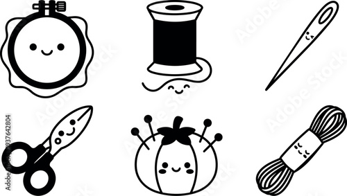 Kawaii line art sewing icons set with hoop spool needle scissors pincushion thread smiling faces flat vector illustration for crafts
