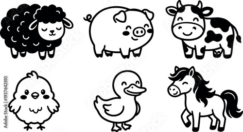 Line art cartoon farm animal icons set six sheep pig cow chick duck horse cute smiling monochrome playful