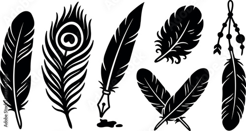 Flat silhouette vector peacock feather quill pen and decorative feather set close up ink drop and beads ornamental crossed arrangement