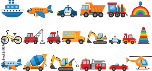 Transportation and Construction Vehicle Icon Set with Airplane Helicopter Truck Train Bus Police Car Excavator and Toy Vehicles Vector Illustration.