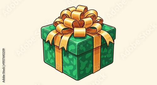 A beautifully wrapped green gift box with a golden ribbon and bow.