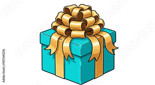 Turquoise gift box with golden ribbon and bow.