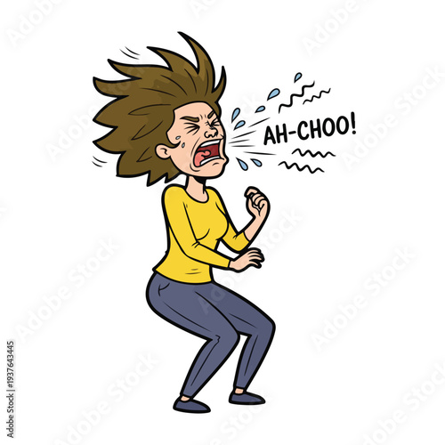 Woman Sneezing with Dynamic Hair Movement and Expression