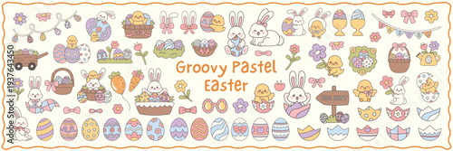 Retro Groovy Pastel Easter Doodle Mega Pack, Cute Bunny Egg Chick Vector Set