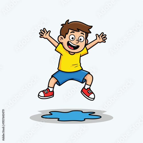 Young boy jumping over a puddle of water on a white background