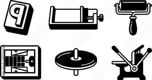 Flat design icons of vintage printmaking tools including brayer roller letter press platen printing press etching press detailed silhouette bold