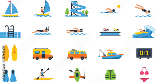 Water Sports and Beach Activity Icon Set with Swimming Surfing Kayaking Sailing Caravan and Summer Vacation Vector Illustration.