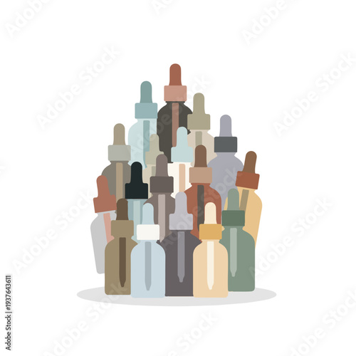 Collection of Various Colored Glass Bottles with Droppers on a White Background