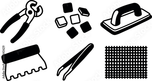 Flat design close up set of tiling tools with pliers tile spacers grout float notched trowel tweezers mesh silhouette icons