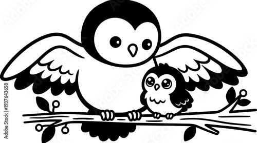 Line art owl parent with wings spread holding a wide eyed baby owl on branch close up cute illustration vector