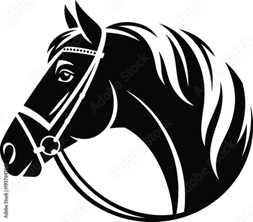Horse head silhouette vector illustration, equine animal emblem logo, black stallion profile icon, farm wildlife clipart design