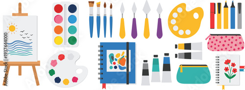 Creative Art Supplies Vector Set with Watercolors, Brushes, Paints, Palette, and Sketchbook for Artistic Design Projects