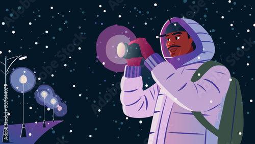 Man in winter coat using flashlight on snowy night with streetlights