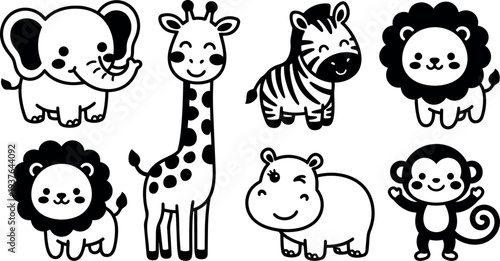 Kawaii kids doodle style cute safari animals front facing smiling elephant giraffe zebra lion hippo monkey in flat line art