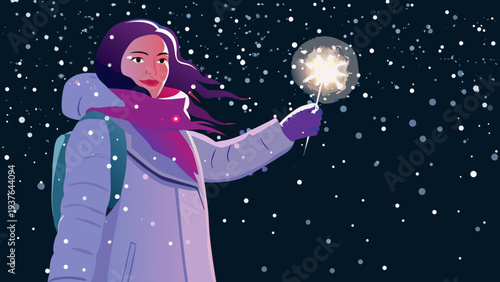 Woman in purple coat holding sparkler on snowy night with backpack