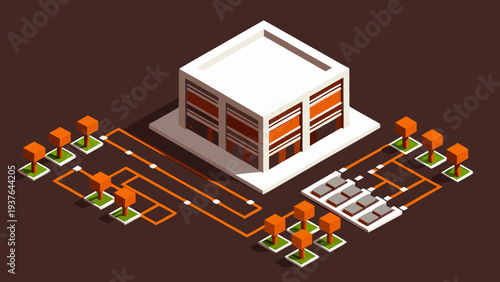 Modern data center building with server racks and network connections isometric vector illustration