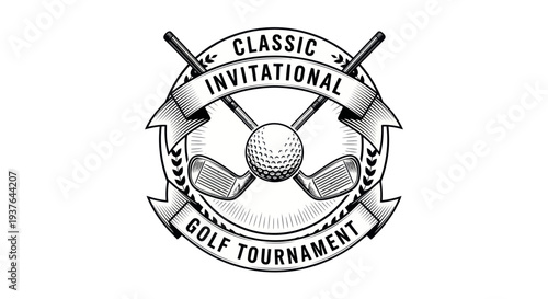Classic Golf Tournament Emblem with Crossed Clubs and Ball