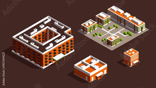Isometric mixed use city buildings with orange and white details on brown background