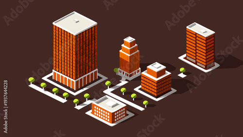 Isometric illustration of modern downtown skyscrapers and buildings in a cityscape with trees on a dark background